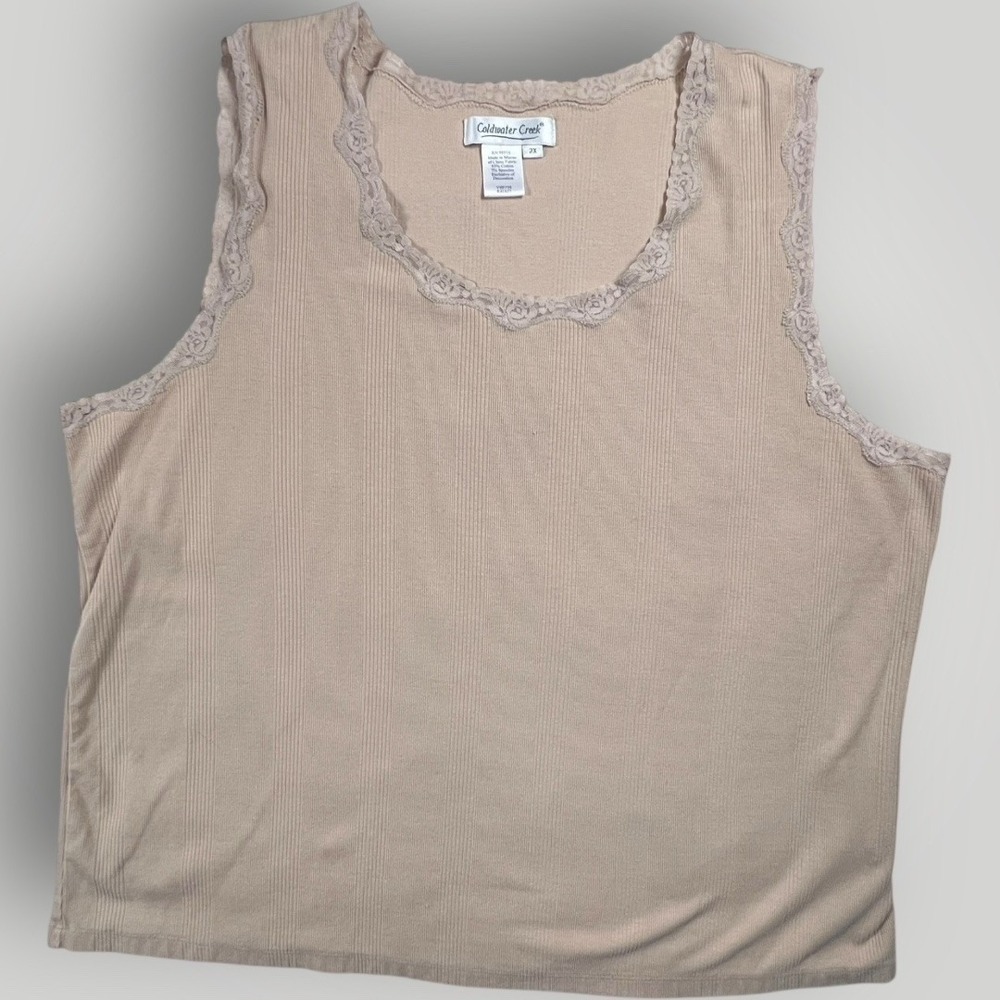 Y2K Lace Trim Ribbed Tank Top Womens 2X Brown Tan Cotton Spandex Festival CC